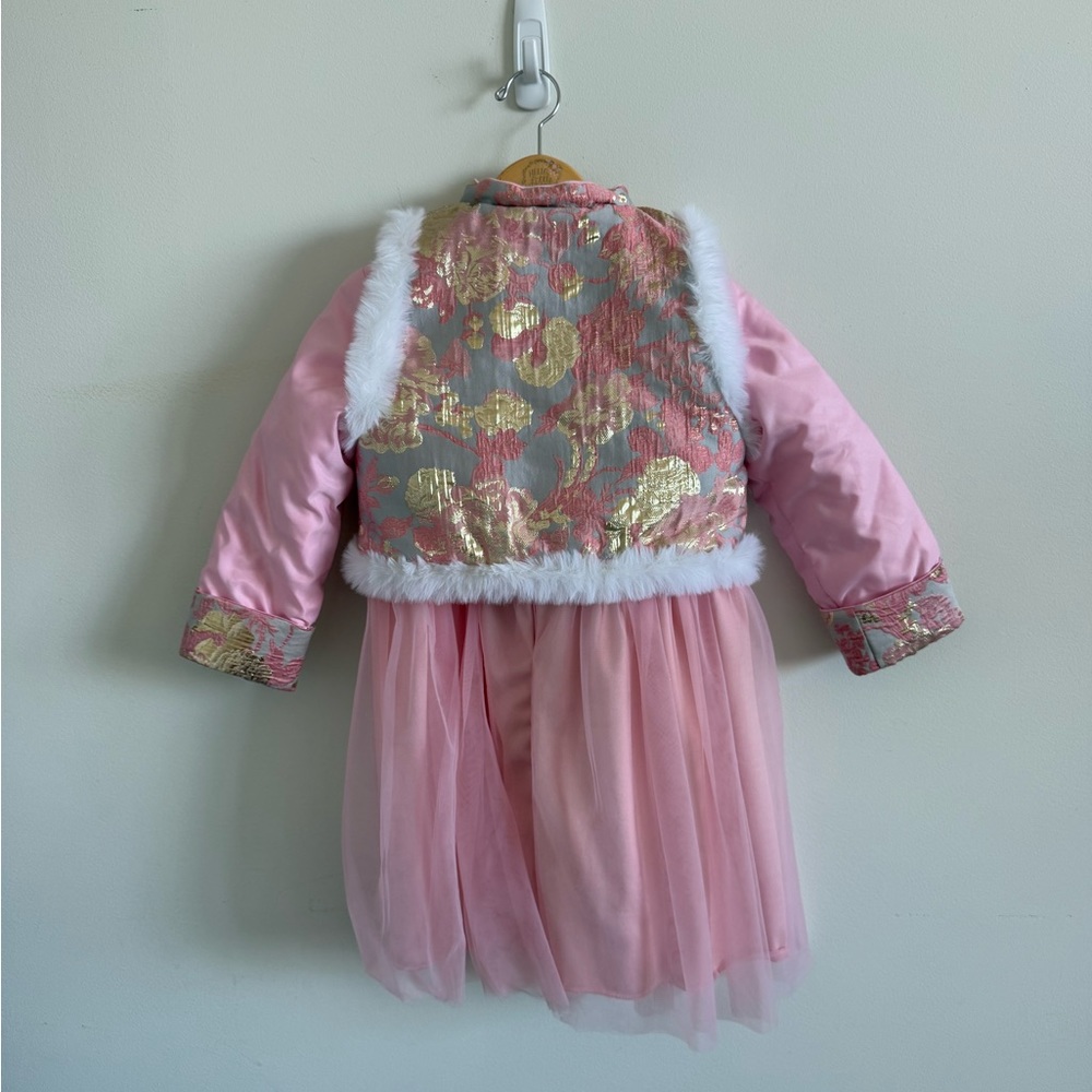 Chinese New Year costume dress jacket pink gold winter fur hanfu 5T - Picture 2 of 3